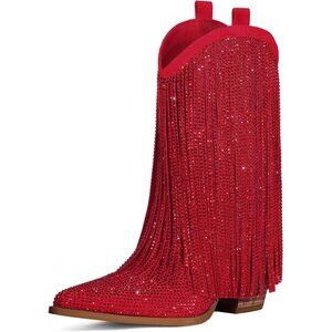 ⚡Women's Red Ankle Boots Western Rhinestone Sparkly Fringe Chunky Heel